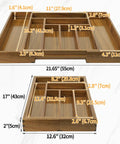 Expandable Acacia Kitchen Drawer Organizer with grooved dividers, eight slot silverware tray, dimensions shown, 17x12 inch size.