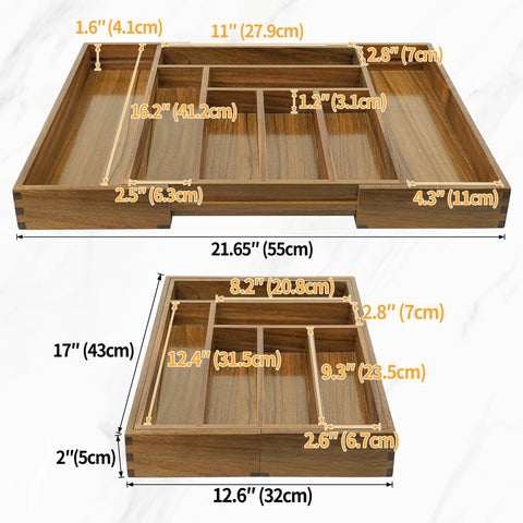 Expandable Acacia Kitchen Drawer Organizer with grooved dividers, eight slot silverware tray, dimensions shown, 17x12 inch size.