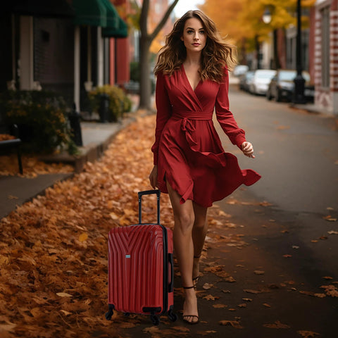 Red 20-inch hardshell carry-on luggage with 4 spinner wheels, front view beside a woman in a red dress on a city street.