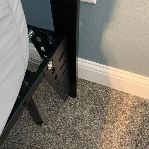 Close-up view of Heavy Duty Headboard Brackets For Metal Bed Frame With Adjustable Multi Slot Design mounted on platform bed.