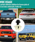 8 Pack Car License Plate Screws Kit With Black Metal Bolts Caps Foam Pads And Anti Rattle Anchors For Frames And Covers On Cars Trucks And SUVs Three Fourths By One Fourth Inch Fasteners For Your Ride shown on various vehicle types.