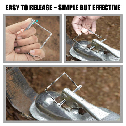 Ten Pack 2.75 Inch By 0.25 Inch Trailer Pins used to secure hitch coupler, shown in hand and installed on metal hardware.