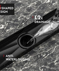12 Inch Linear Shower Drain With Rectangular Floor Drain Grate Matte Black SUS304 Stainless Steel Square Hole Pattern Cover Removable Grate CUPC Certified Includes Accessories Fits Standard US No Hub Bases with water flow illustration