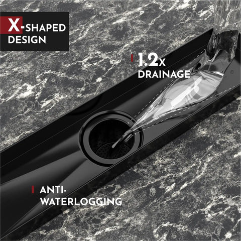 12 Inch Linear Shower Drain With Rectangular Floor Drain Grate Matte Black SUS304 Stainless Steel Square Hole Pattern Cover Removable Grate CUPC Certified Includes Accessories Fits Standard US No Hub Bases with water flow illustration