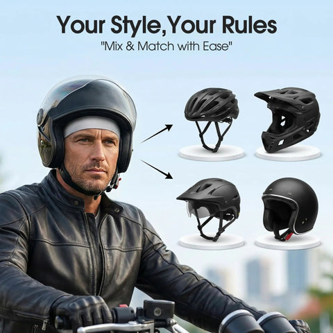 Motorcyclist wearing helmet, with three alternative helmets displayed; Cooling Skull Cap 2 Pack Under Cap With Breathable Mesh Helmet Liner