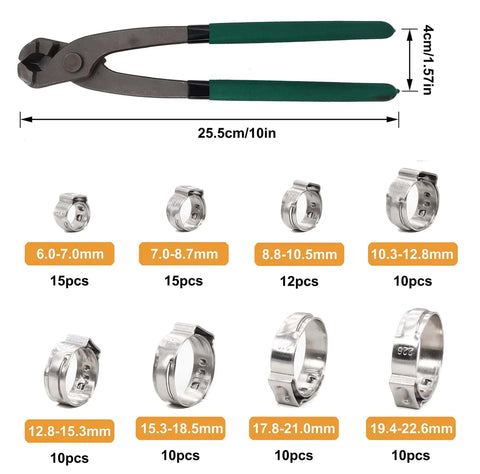 Single Ear Oetiker Hose Clamp Kit With 92 Pcs Crimp Clamps Eight Size Range 6.0 to 22.6mm Includes Pliers And Gloves