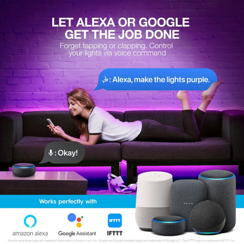 Person using voice control for Smart LED Strip Lights 16.4 Ft with Alexa and Google Control, room lighting in purple.