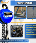 1 Ton Hand Chain Hoist With 20 Ft Chain In G80 Manganese Steel, displayed in auto shop setting, heavy-duty hooks visible