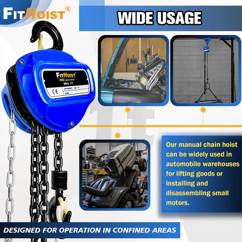 1 Ton Hand Chain Hoist With 20 Ft Chain In G80 Manganese Steel, displayed in auto shop setting, heavy-duty hooks visible