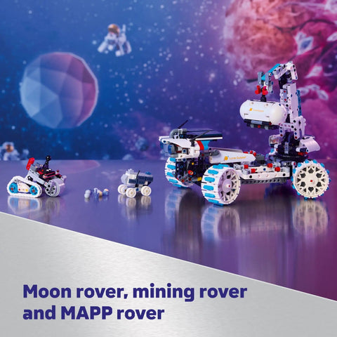 Technic Moon Rover Build Kit For Kids 10 Plus All Terrain Space Vehicle Toy on display with cosmic backdrop and mini rovers