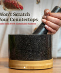Heavy Duty 100 Percent Natural Granite Mortar And Pestle Set With Bamboo Base 2 Cup Capacity Black Stone Grinder In Use