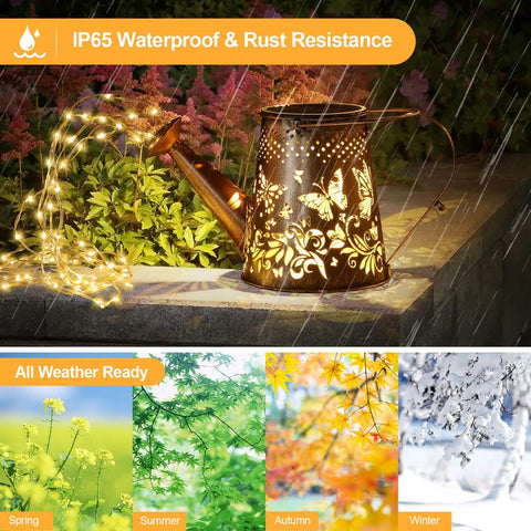 Outdoor Solar Garden Lights Watering Can Lantern With Waterproof Build And Copper Wire LED String on a rainy evening