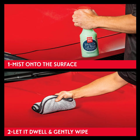 Spray On Car Wash For Waterless Detailing With Carnauba Wax Protection rinseless formula used on red car paint with microfiber cloth