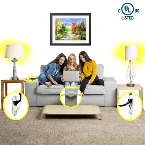Women on sofa using devices powered by Twin Extension Cord Power Strip With Wall Hugger Flat Head 12 Foot Cord Split Into 6 Ft Each End Six Polarized Outlets With Safety Covers Ultra Slim Design For Behind TV Sofa Or Desk