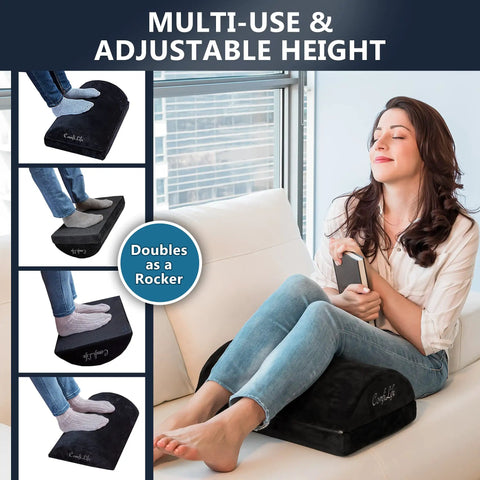 Under Desk Foot Rest For Pain Relief And All Day Comfort, Adjustable Memory Foam in use with woman sitting relaxed on couch
