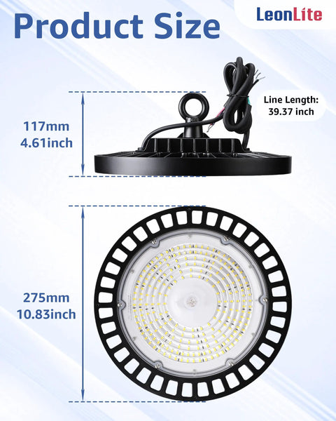 UFO LED High Bay Light 150W 21,700 Lumens 5000K Daylight Dimmable 0-10V UL Listed size dimensions and design