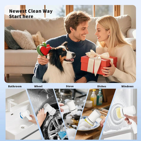 Couple with dog and gift; Cordless Electric Spin Scrubber With 1500mAh Battery used on sink, wheel, stove, dishes, windows.