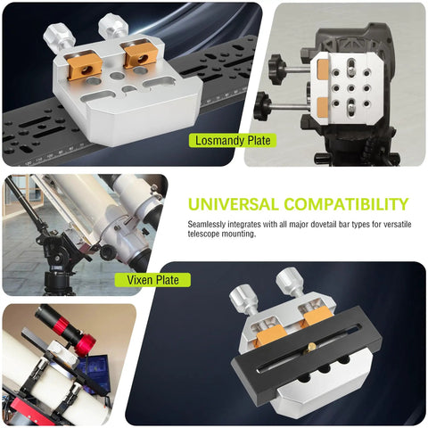Heavy Duty Dovetail Clamp For Telescopes And Cameras Attaches To Mount With Beefy 9 Bore Layout versatility displayed in different mounts