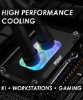 Straight Fire Performance AMD AM5 And AM4 CPU Waterblock Delivering Sick RGB Glow For Your Dream Rig With Solid Nickel Plated Copper Cold Plate And Razor Thin 0 2mm Microfins That Totally Obliterate Heat In Any Custom Liquid Cooling Loop showing high performance cooling with RGB light effects.