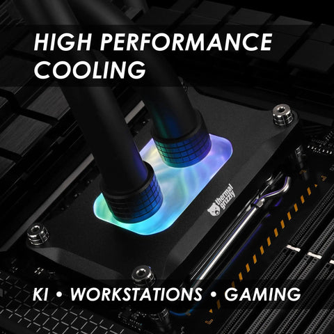 Straight Fire Performance AMD AM5 And AM4 CPU Waterblock Delivering Sick RGB Glow For Your Dream Rig With Solid Nickel Plated Copper Cold Plate And Razor Thin 0 2mm Microfins That Totally Obliterate Heat In Any Custom Liquid Cooling Loop showing high performance cooling with RGB light effects.