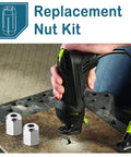 2 Pack Replacement Nut Kit For CN1 Drywall Cut Out Tools And Spiral Saws, showing two silver nuts and a tool in use