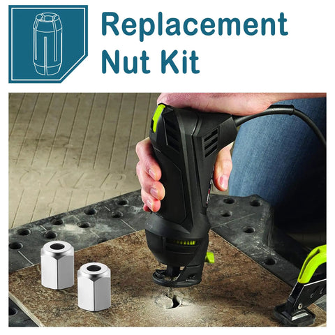 2 Pack Replacement Nut Kit For CN1 Drywall Cut Out Tools And Spiral Saws, showing two silver nuts and a tool in use