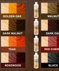 Premium Water Based Wood Stain In Deep Teak Hue For Indoor And Outdoor Patio Furniture showcased with color samples and bottles.