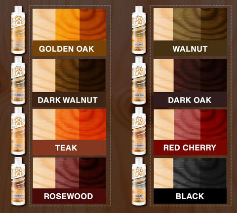 Premium Water Based Wood Stain In Deep Teak Hue For Indoor And Outdoor Patio Furniture showcased with color samples and bottles.