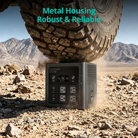 Keep All Your Gear Juiced During Your Latest Adventure With This Hella Reliable Portable Power Station Featuring 640Wh Capacity And 600W Output, robust black power station under tire on rocky terrain.