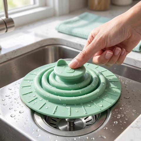 Bekecidi Bathtub Drain Cover, 6-Inch Silicone Tub Stopper, 3 Pack being pressed in a kitchen sink with water droplets.