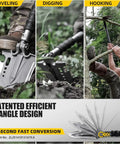 Survival Shovel Multitool 28 In 1 For Camping And Hiking, Tactical Folding Shovel with 7-Angle Design, showing shoveling, digging, hooking