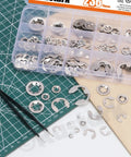 Stainless Steel E Clips and Internal Tooth Star Lock Washers Kit, 304 Grade, displayed with tweezers on a green cutting mat