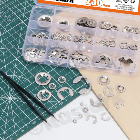 Stainless Steel E Clips and Internal Tooth Star Lock Washers Kit, 304 Grade, displayed with tweezers on a green cutting mat