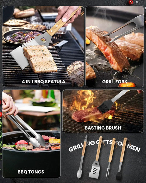 Stainless Steel 4 Piece BBQ Tools Set With Tongs Fork Spatula Brush And Carrying Bag For Grillin Durable Backyard Grillin Gear