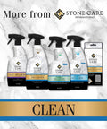 No Fuss Granite Sealer And Stone Protector Spray That Dries In A Snap visible among cleaning products on a marble background.