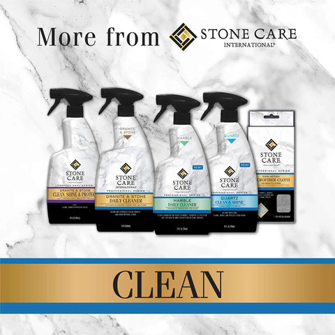 No Fuss Granite Sealer And Stone Protector Spray That Dries In A Snap visible among cleaning products on a marble background.