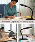 Natural Daylight Desk Lamp With Adjustable Gooseneck For Reading Working Crafting Sewing Or Homework Eye Strain Relief 6400K 27W Light For Dorm And Office Black in use on desks