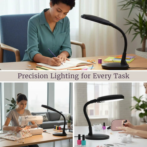 Natural Daylight Desk Lamp With Adjustable Gooseneck For Reading Working Crafting Sewing Or Homework Eye Strain Relief 6400K 27W Light For Dorm And Office Black in use on desks