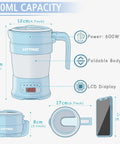 Diagram of a Travel Electric Kettle 700ML Foldable BPA Free Portable Kettle With Keep Warm And Delay Start 110V Blue with dimensions.