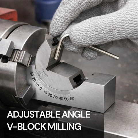 Adjustable angle V-block milling gauge in stainless steel with wrench, 0–60° protractor, magnetic clamp