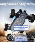 Underside view of One Twelfth Scale Brushless RC Car showing metal gear, PE foam tires, ready for off-road 4WD action.