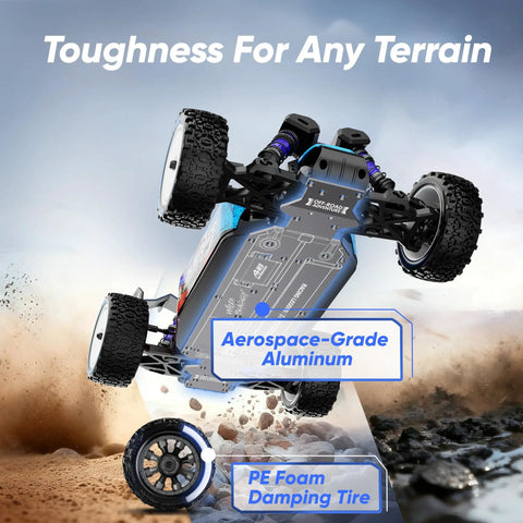 Underside view of One Twelfth Scale Brushless RC Car showing metal gear, PE foam tires, ready for off-road 4WD action.