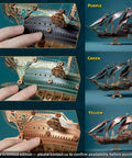 Vintage Steampunk DIY Mechanical Model Kit for the Corsair Airship in Deep Green, showcases purple, green, and yellow options.