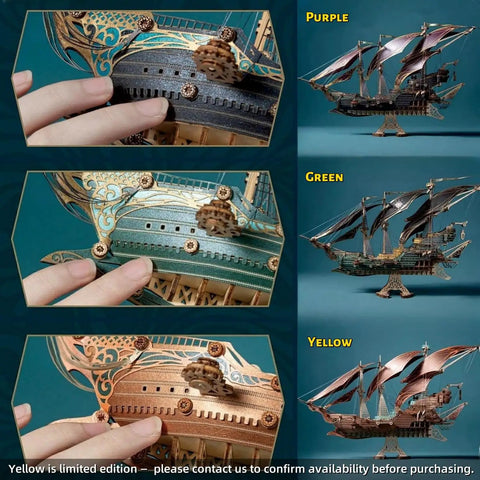 Vintage Steampunk DIY Mechanical Model Kit for the Corsair Airship in Deep Green, showcases purple, green, and yellow options.