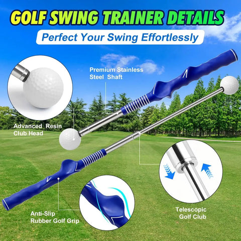 Retractable Golf Swing Trainer With Click Feedback For Right Handed Players, Tempo Stick Golf Practice Aid, blue grip, green field