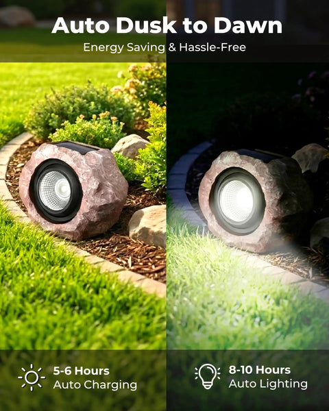 Two Pack Solar Rock Lights Outdoor Adjustable Angle Waterproof LED Garden Pathway Lights Auto On Off Landscape Lighting For Yard Patio Flower Bed White Glow Stone Brown in garden setting