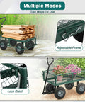 Heavy Duty Garden Cart With 500 Lbs Capacity, Utility Wagon With Removable Sides And 180 Degree Rotating Handle For Yard, Lawn And Garden Hauler, Green loaded with lumber and flowers, showing adjustable frame and lock catch.