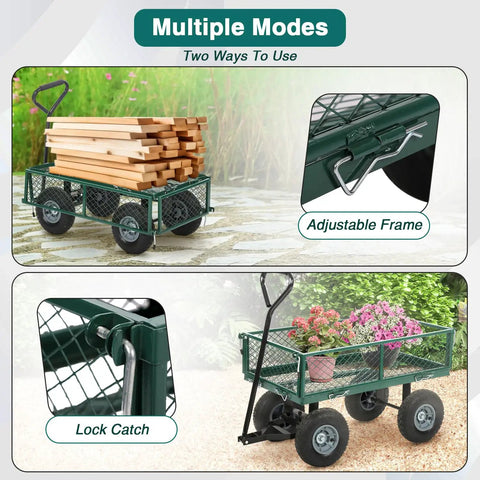 Heavy Duty Garden Cart With 500 Lbs Capacity, Utility Wagon With Removable Sides And 180 Degree Rotating Handle For Yard, Lawn And Garden Hauler, Green loaded with lumber and flowers, showing adjustable frame and lock catch.