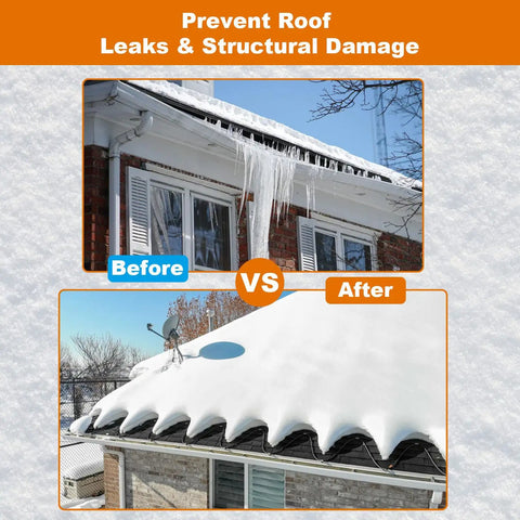 Spilt image showing roof before and after using Roof Heat Cable For Snow And Ice Dam Prevention Self Regulating Heating Cable For Roof And Gutters 8 Watts Per Foot 60 Foot Length Snow Melting System Outdoor Use, demonstrating ice removal.