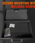Open Portable Fireproof Document Safe Box With A 3 Digit Combination Lock showing interior with mounting screws and manual inside.